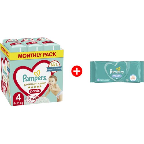 Pampers Pelene Premium Care Pants veličina 4 114kom + Gratis vlažne maramice Fresh 52 Slike