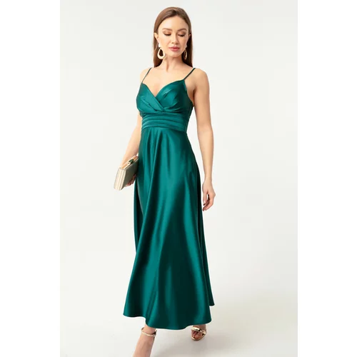 Lafaba Women's Emerald Green Satin Midi Evening Dress &; Prom Dress with Rope Straps and Waist Belt.