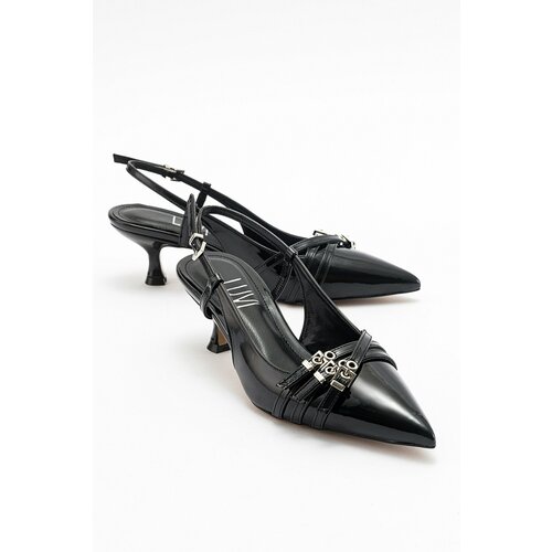 LuviShoes WOSS Black Patent Leather Belt Detail Women's Heeled Shoes Cene