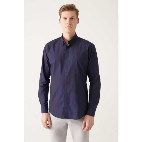 Avva Men's Navy Blue 100% Cotton Buttoned Collar Striped Slim Fit Slim Fit Poplin Shirt Slike