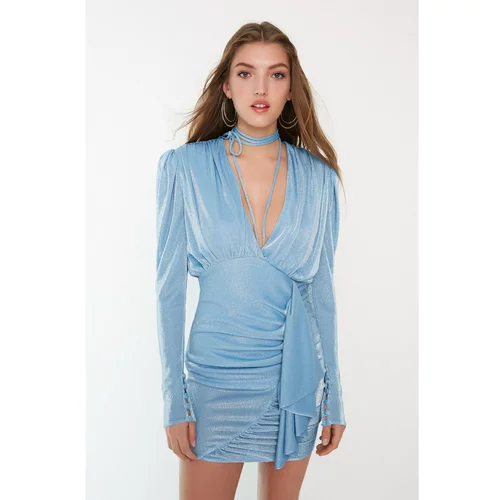 Trendyol X Sagaza Studio Blue Halter Neck Detailed Silvery Dress