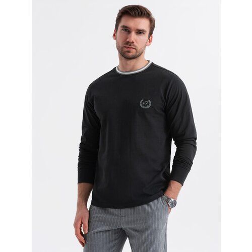 Ombre Men's cotton longsleeve with striped U neckline and embroidery - black Cijene