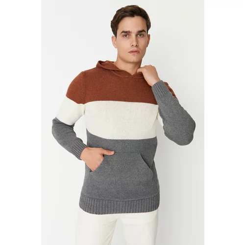 Trendyol Tile Mens Regular Fit Hooded Color Block Knitwear Sweater