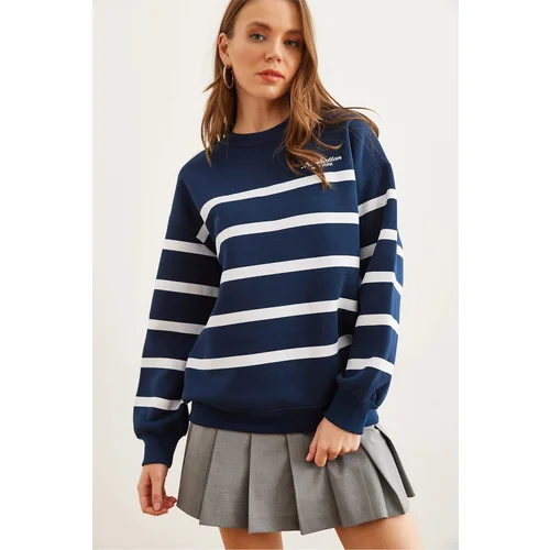 Olalook Women's Navy Blue White Striped Raised Oversize Sweatshirt