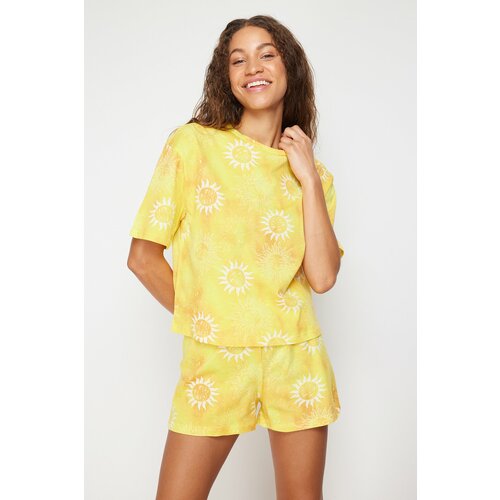 Trendyol Yellow 100% Cotton Sun Patterned Knitted Pajama Set Slike