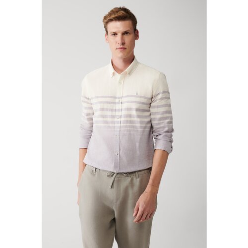 Avva men's light purple cotton linen blended buttoned collar striped slim fit slim fit shirt Cene