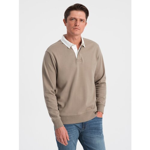 Ombre Men's sweatshirt with white polo collar - dark beige Cene