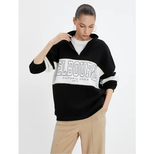 Koton College Oversize Sweatshirt Half Zipper Stand Collar Ribbed Cotton