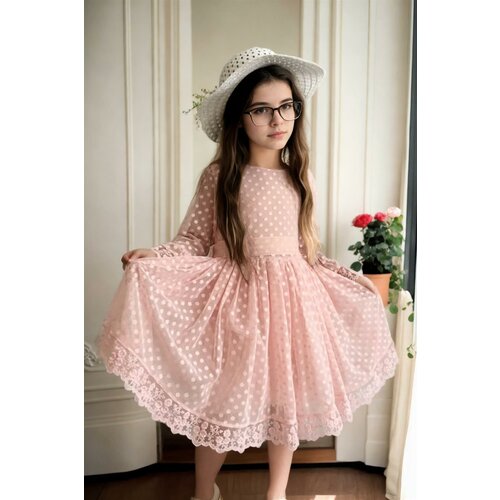 Dewberry N8712 Princess Model Girls Dress with Hat & Lace-PINK Cene