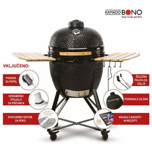 Kamado BONO Ro&scaron;tilj na drveni ugljen Kamado Grande (Promjer povr&scaron;ine ro&scaron;tilja: 49 cm, Crna) Cijene