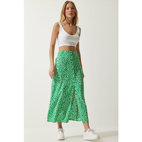Happiness İstanbul Women's Green Patterned Slit Viscose Skirt Slike