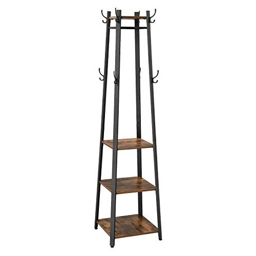 Songmics Stojalo za oblačila, stojalo za oblačila s 3 policami, lestvena polica s kavlji za &amp;scaron;ale, torbe in dežnike, jeklen okvir, industrijski slog, rustikalno rjava in črna LCR80X, (21389189) Slike