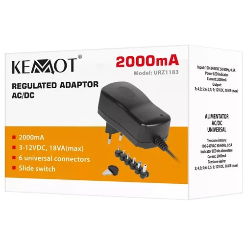 Kemot Adapter switch. 2000mA 3-12V, 6 nastavkov, (20963003)