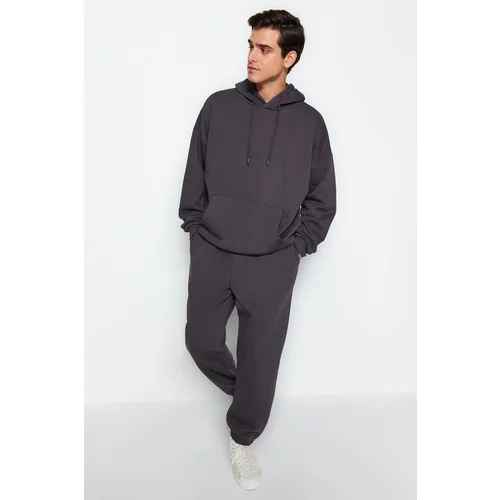 Trendyol Anthracite Men's Oversized Basic Basic Hoodie with Elastic Legs, Fleece Inner Fleece Tracksuit Set.