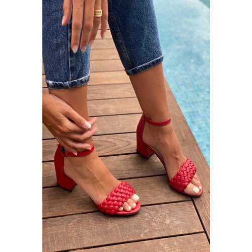 İnan Ayakkabı Women's Red Single Strap Thin Knit Ankle Heels Shoes Slike