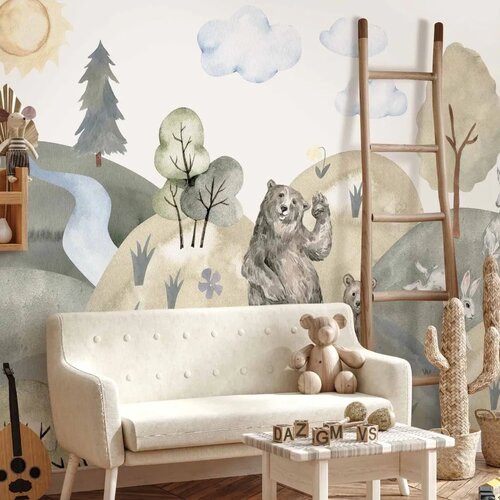 Foto tapeta - Green Hills - a Valley With Animals Painted in Watercolours 100x70 Standard Slike