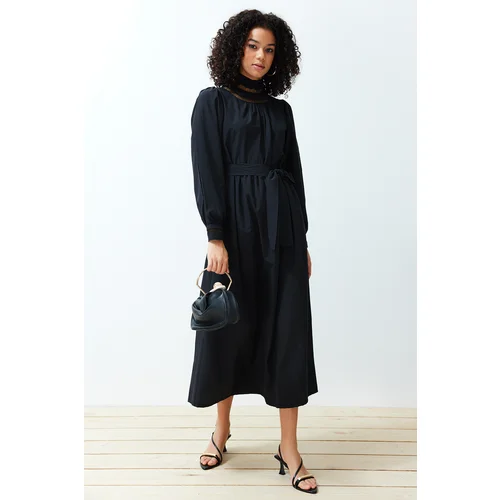 Trendyol Black Cat Ladder Lace Detailed Belted Woven Dress