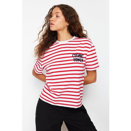 Trendyol Red-White Striped Slogan Embroidery Detailed Relaxed/Comfortable Fit Knitted T-Shirt Slike
