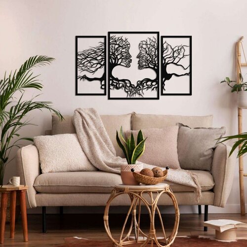 Wallxpert metalni zidni ukras 5385, dva ljudska profila od kro&scaron;nji drveća u 3 panela, 125 x 73 cm, crni Cene