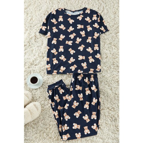 Trendyol Curve Navy Blue Teddy Bear Patterned Jogger Fit Knitted Pajama Set Slike