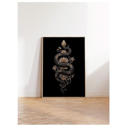 Wallxpert uramljena slika 115259, crna zmija sa zlatnim cvetnim ornamentima na crnoj pozadini, 30 x 40 cm, ram u boji prirodnog drveta Slike