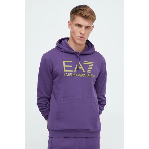 Ea7 Emporio Armani Bombažen pulover moška, vijolična barva, s kapuco