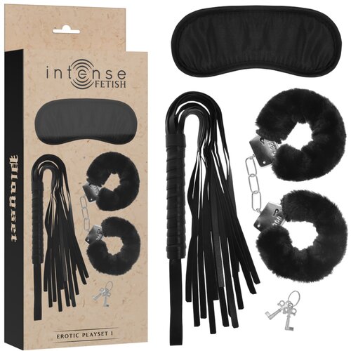 Intense Fetish Erotic Playset 1 With Handcuffs, Blind Mask & Flogger Black Cene