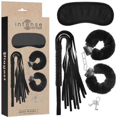 Intense Fetish Erotic Playset 1 With Handcuffs, Blind Mask & Flogger Black