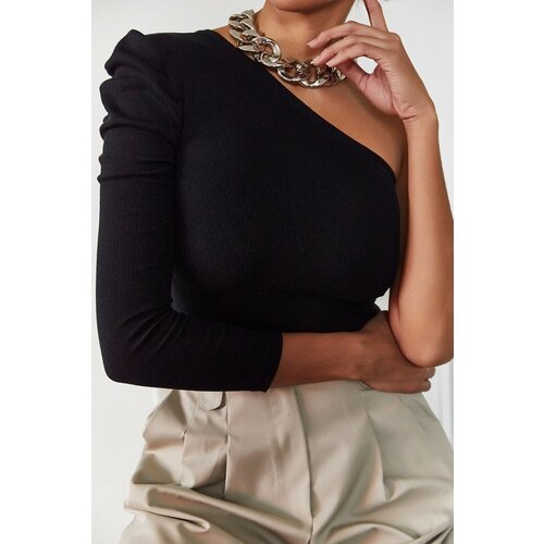 XHAN Women's Black One Sleeve Pleated Blouse Slike