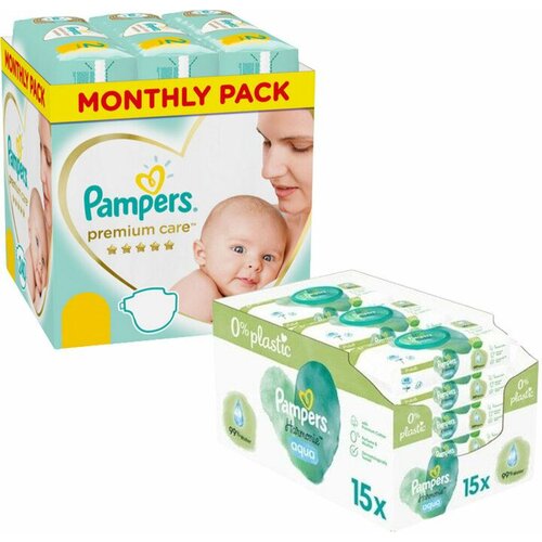 Pampers premium care mesečno pakovanje pelena + vlažne maramice harmonie aqua plastic free 15X48 Slike