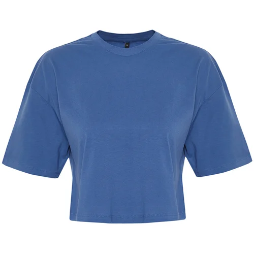 Trendyol Indigo 100% Cotton Crop Knitted T-Shirt with Pockets and Embroidery Detail