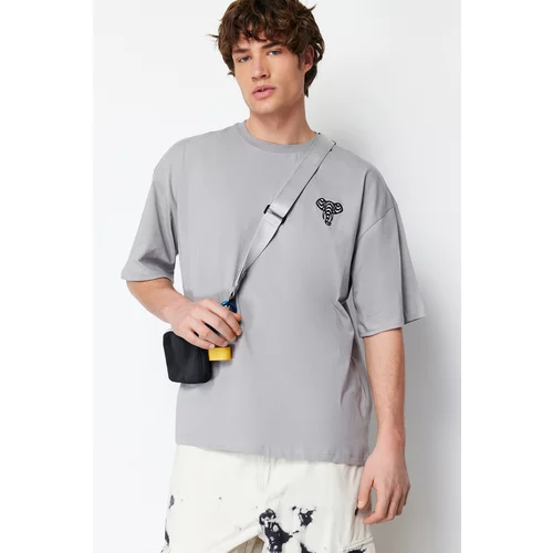 Trendyol Men's Gray Oversize Mystic Animal Embroidery 100% Cotton T-Shirt