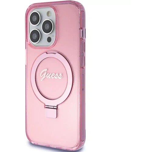  Originalna GUESS Hardcase GUHMP15XHRSGSP torbica za iPhone 15 Pro Max (Magsafe / Glitter Script Logo / stalak za prsten / pink) Slike