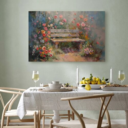  Slika - Flowery bench - impressionist painting full of flowers 90x60 Cene