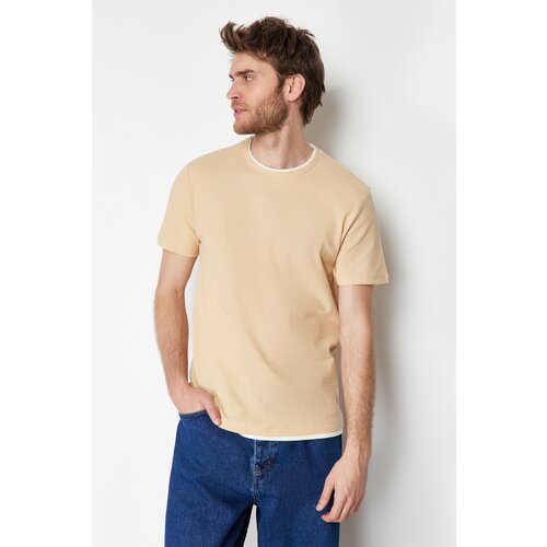 Trendyol Beige Men's Regular/Normal Cut 100% Cotton Textured Basic T-Shirt Slike