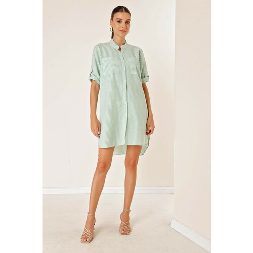 By Saygı Two Pockets Front Short Back Long Stripe Short Sleeve See-through Dress Green Cene