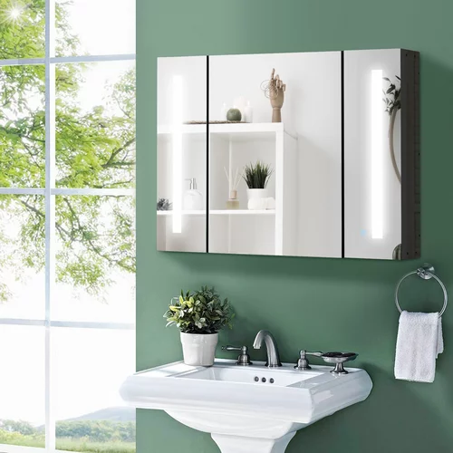 Kleankin Stenska omarica z ogledalom za kopalnico iz MDF s tremi omaricami, tremi policami in lučko LED, 90x15x65cm, črni sijaj, (20745546)