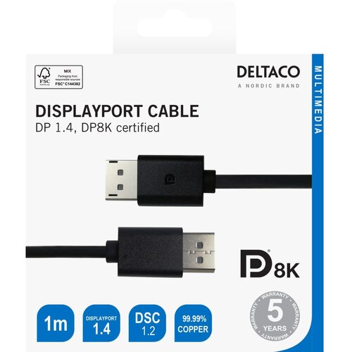 Deltaco Kabel DisplayPort 8K, DP 1.4, 1m, CRNI Slike