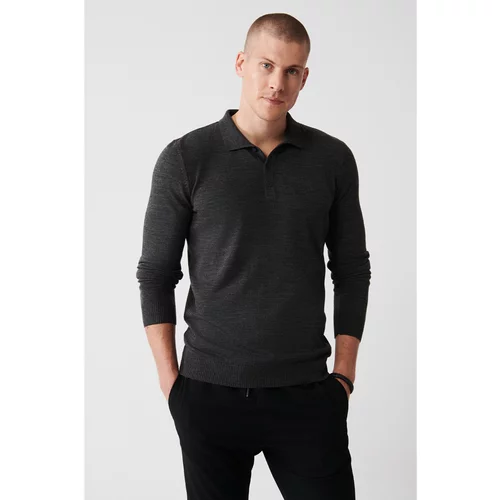 Avva Men's Anthracite Knitwear Sweater 3 Button Polo Collar Standard Fit Regular Cut
