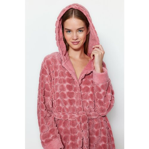 Trendyol Pink Heart Patterned Fleece Knitted Dressing Gown Cene