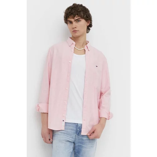 Tommy Jeans Pamučna košulja za muškarce, boja: ružičasta, regular, s button-down ovratnikom