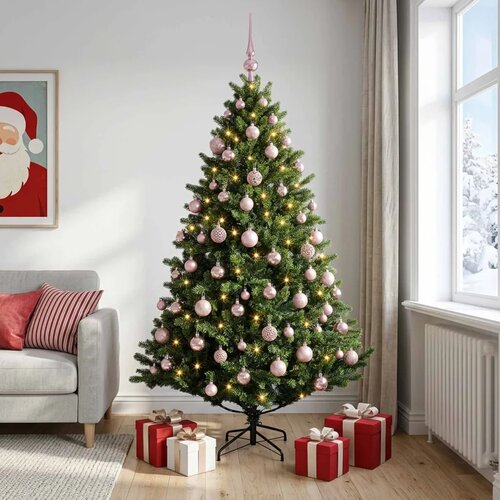  Umjetno božićno drvce s kuglicama 210 cm 300 LED lampica - Zelena 210 cm s LED-ima i ružičastim lopticama Cene