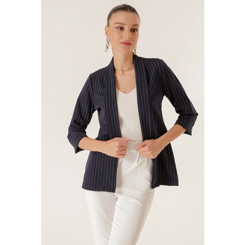 By Saygı Shawl Collar Length Lycra Double Sleeves Thin Striped Fabric Jacket Cene