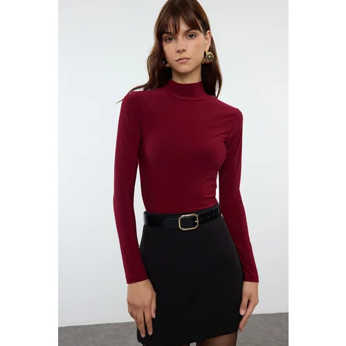  Burgundy Fitted Long Sleeve Stand Collar Ribbed Stretchy Knitted Blouse