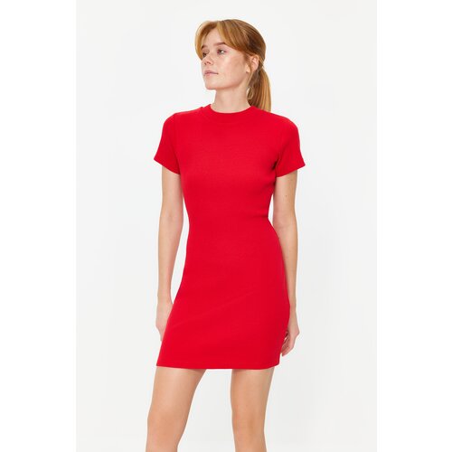 Trendyol Red Fitted Short Sleeve Crew Neck Mini Ribbed Stretchy Knitted Dress Slike