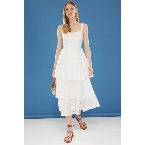 Trendyol Maxi Embroidered Woven Dress with Ecru Skirt Opening at the Waist