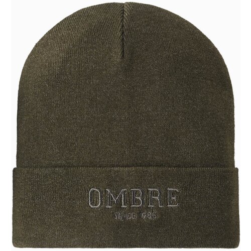 Ombre Men's knitted beanie cap with embroidered inscription - olive Cene