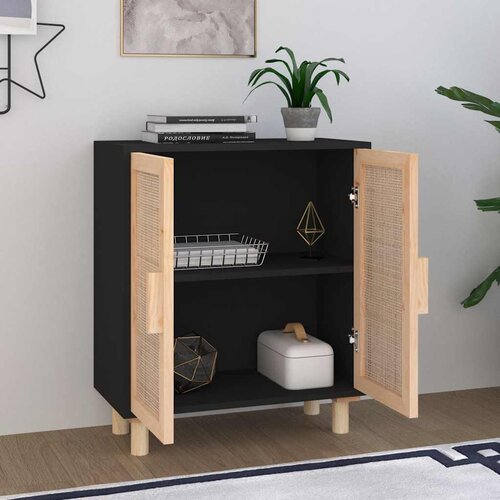  Komoda crna 60 x 30 x 70 cm masivna borovina i prirodni ratan Slike