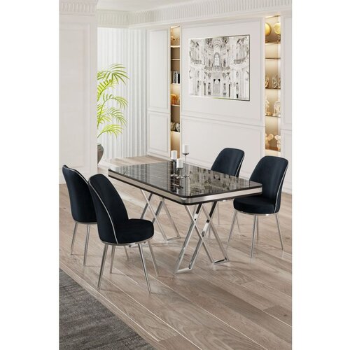 Hanah home vals - black marble, chrome, anthracite black marblechromeanthracite dining table & chairs set (5 pieces) Cene
