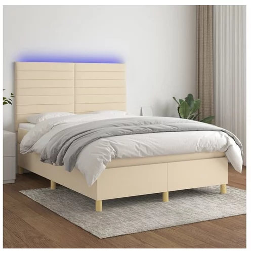 vidaXL Box spring postelja z vzmetnico LED krem 140x200 cm b